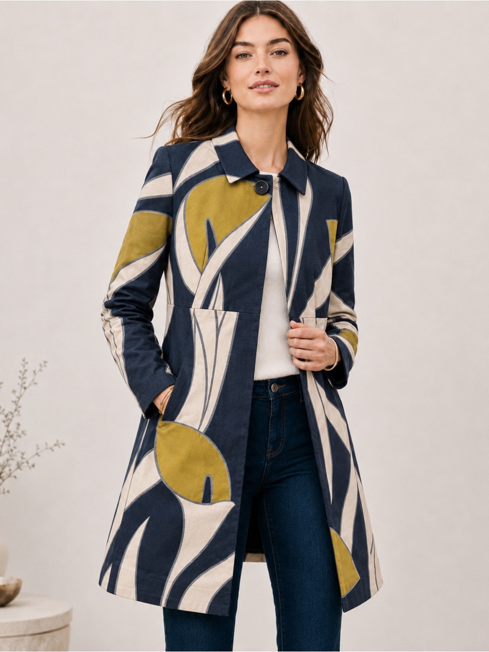 Ann Taylor Calla Lily Jacquard Coat Medium Navy Cream Olive Statement Jacket